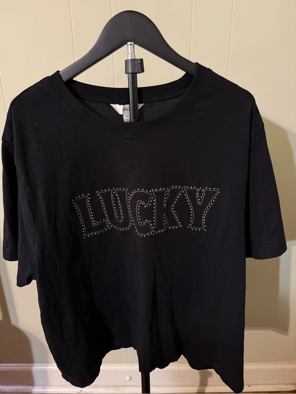 M&S Black 100% Cotton Top Embellished with Lucky on the front.